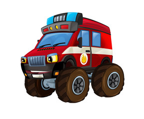 Cartoon firetruck monster truck on white background - illustration for the children