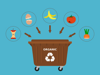 Fototapeta premium Brown trash dumpster and organic waste suitable for recycling. Recycling organic waste, compost, segregate waste, sorting garbage, eco friendly, concept. Blue background.Vector illustration,flat style