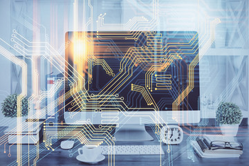 Double exposure of desktop with computer and world map hologram. International data network concept.