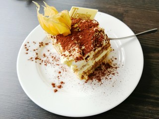 Tiramisu on white plate