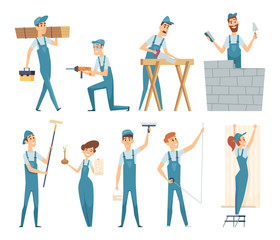 Fototapeta na wymiar Workers. Male and female builders professional constructors at work vector mascot design. Man work construction industry, occupation foreman illustration