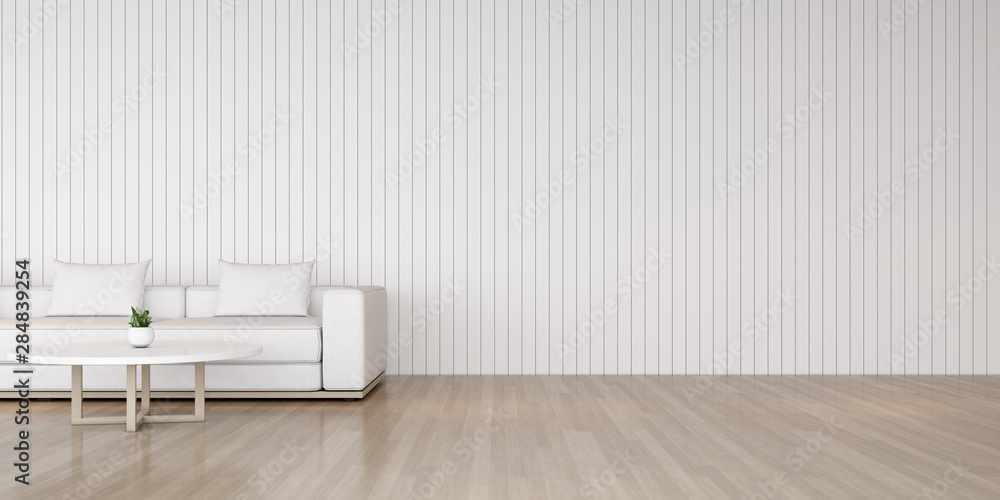 Poster view of living room space with white sofa set and round side table on white wall and bright laminate