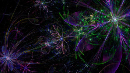 Fototapeta na wymiar Abstract fractal background with a large star like space flowers intricate decorative stars, all in glowing blue,pink, green