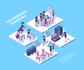 Coworking isometric. Business team freelancer professionals group meeting people working talking together vector coworking concept. Illustration business team workspace, conversation and brainstorm