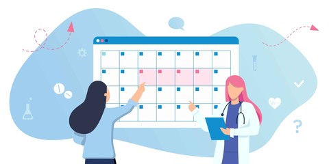 woman makes an appointment with an online female doctor. On the calendar selects the desired date. online schedule, gynecologist, birth control. An application to track your menstrual cycle