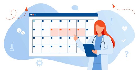 Friendly female doctor gynecologist near the calendar. work schedule, make an appointment online. Internet doctor, tele medicine, web site. Vector illustration for banner, landing page, app - obrazy, fototapety, plakaty