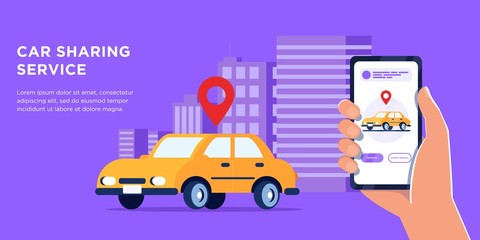Naklejka premium Choosing Car for Transportation Banner Vector Illustration. Application with Choice of Different Vehicles. Hand with Mobile Phone. car sharing and taxi Service. Urban Application. City Navigation