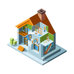 House renovation. Repair rooms walls floor in residential buildings home workers with equipment installing construct vector isometric. Renovation building, repair house interior illustration
