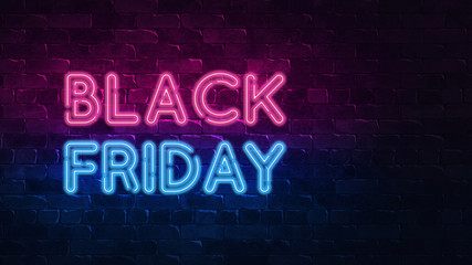 Neon signboard black friday. Business concept. Advertising concept. Set neon sign. Holiday sale. Bright signboard, light banner. Season concept. 3D render