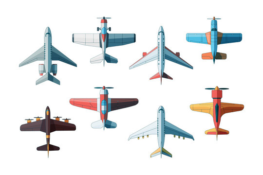 Aircraft top view. Civil and military airplanes collection in flat style vector pictures. Illustration plane jet, fighter and aeroplane