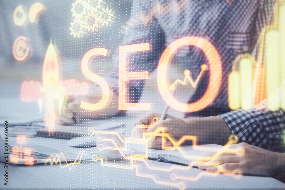 Aufkleber double exposure of seo icon with man working on computer on background. concept of search engine opt