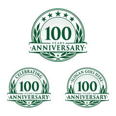 100 years anniversary logo set. 100th years anniversary celebration logotype. Vector and illustration.