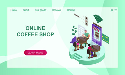 The concept of online coffee shop. 3D isometric  illustration Vector website landing page design template