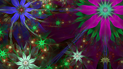 Abstract fractal background with a large star like space flowers intricate decorative stars, all in glowing 