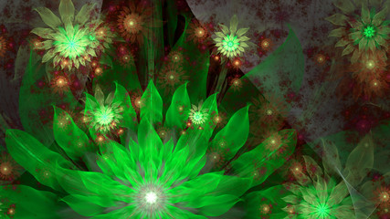 Abstract fractal background with a large star like space flowers intricate decorative stars, all in glowing green,red,yellow