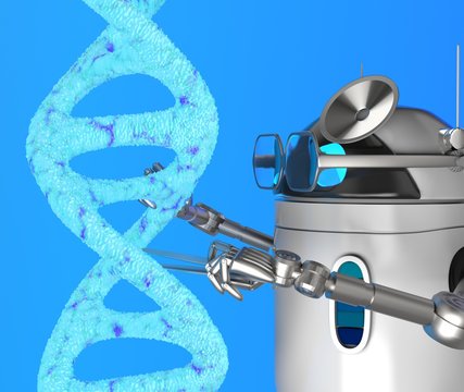 Robot with Blue Dna molecule,text,3d render.