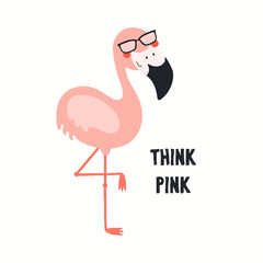 Hand drawn vector illustration of a cute funny flamingo in sunglasses, with quote Think Pink. Isolated objects on white background. Flat style design. Color drawing. Concept for summer children print.