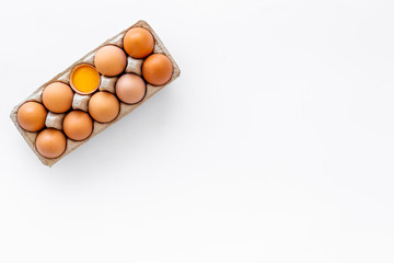 Farm products design for blog with eggs on white background top view space for text