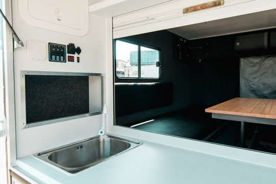 Picture of kitchen in a mobile house with sink