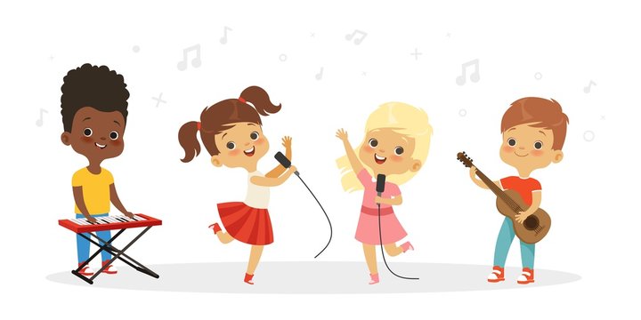 Singing kids. Vector cute children choir. Kids vocal group illustration. Child boy and girl, vocal children enjoyment