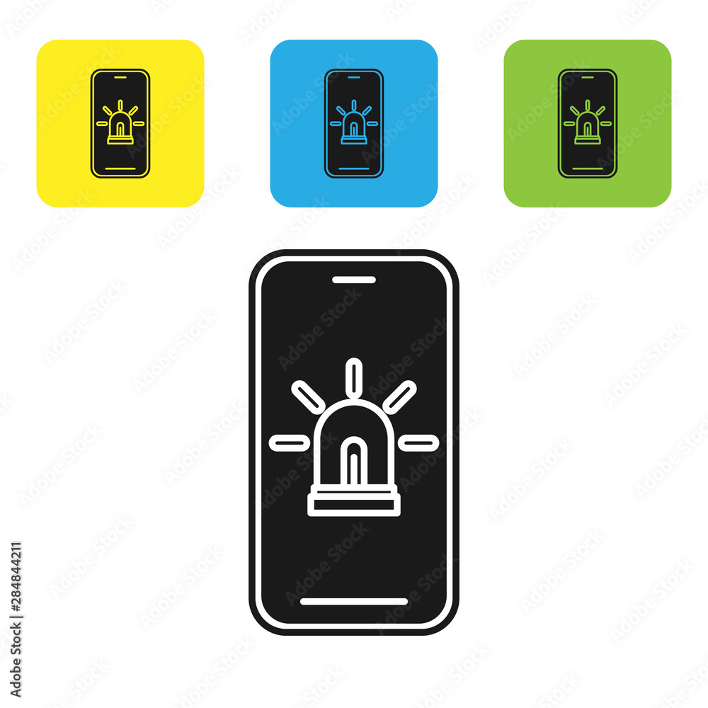 Poster black mobile phone with smart house and alarm icon isolated on white background. security system of 