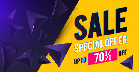 Sale banner design template with realistic 3D triangles and light. Super offer. Big sale. Motion space.