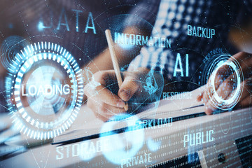 Writing man's hands background with technology icons.