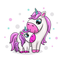 Unicorn baby with mom cute print. Sweet tiny pony family. Cool animal friends with polka dot