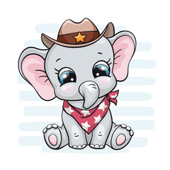 Elephant, baby cute print. Sweet tiny cowboy with hat, scarf, strips. Cool african animal illustration