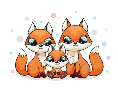 Fox baby with mom and dad cute print. Sweet tiny family. Cool friends animal with polka dot