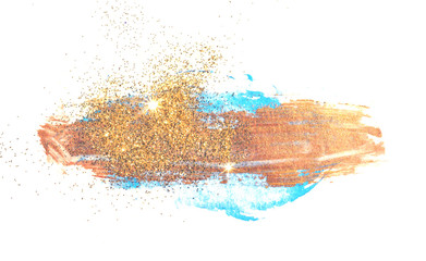 Golden glitter on abstract blue and gold watercolor splashes in vintage nostalgic colors.