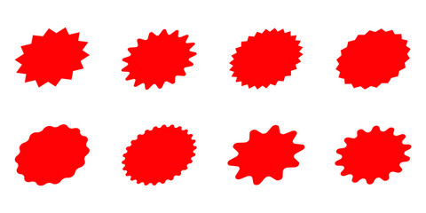 Set of red star or sun shaped sale stickers. Promotional sticky notes and labels.