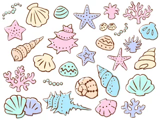 Muurstickers 海の貝殻とヒトデとサンゴの手描き風線画とパステルカラーイラストセット © Nora Hachio