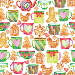 Seamless watercolor pattern of multicolored cups and gingerbread cookies.