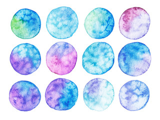 Obraz na płótnie Canvas Set of watercolor abstract spots in blue and purple colors.