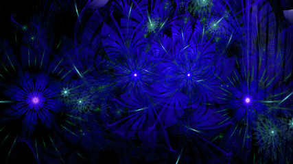 Fototapeta na wymiar Abstract fractal background with a large star like space flowers intricate decorative stars, all in glowing purple,pink,green