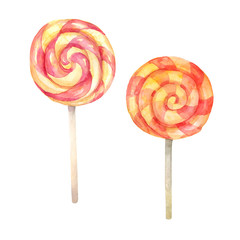 Large striped candies, sweet snails. Watercolor.