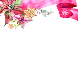 Template for christmas cards, poinsettia and red ribbon. Watercolor.