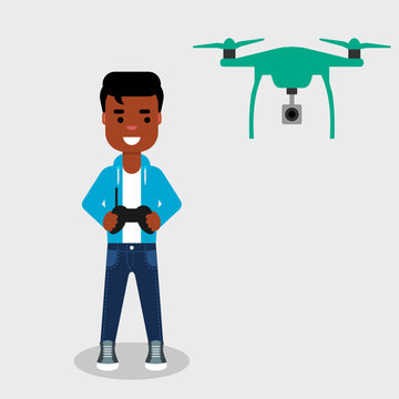 recommend clip art: Young African American man flying drone with remote control. Smiling character controls aerial drone with a camera. Operating a drone to take pictures or video.Vector illustration, flat style,clip art