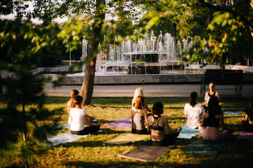 Group of young women are meditating in park in summer sunny morning in background of fountain. Group of girl are sitting outdoors in lotus pose on yoga mats on green grass