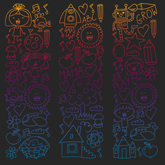 Painted by hand style pattern on the theme of childhood. Vector illustration for children design. Drawing with colored chalk on a school blackboard.