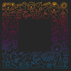Painted by hand style pattern on the theme of childhood. Vector illustration for children design. Drawing with colored chalk on a school blackboard.