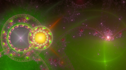 Abstract intricate extravagant fractal background made out of interconnected rings, stars and decorative twisted patterns in shining green,yellow,pink