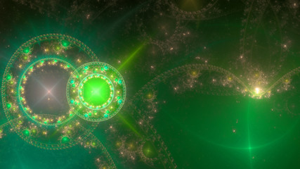 Abstract intricate extravagant fractal background made out of interconnected rings, stars and decorative twisted patterns in shining green,yellow,pink © Anei