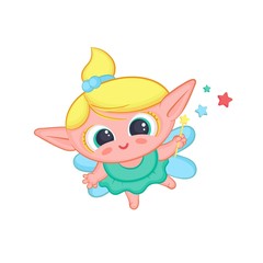 Happy elf fairy with wings. Cute blond girl good sorceress in dress and with magic wand conjuring stars vector fantastic character isolated cartoon illustration.