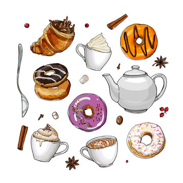 Coffee cup line drawing on a white background. Drink and sweets. Vector image of breakfast. Cup of coffee top view, bun, plate.