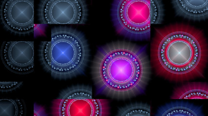 Abstract fractal background made out of rings and stars overlapping each other in a square grid and in shining colors.