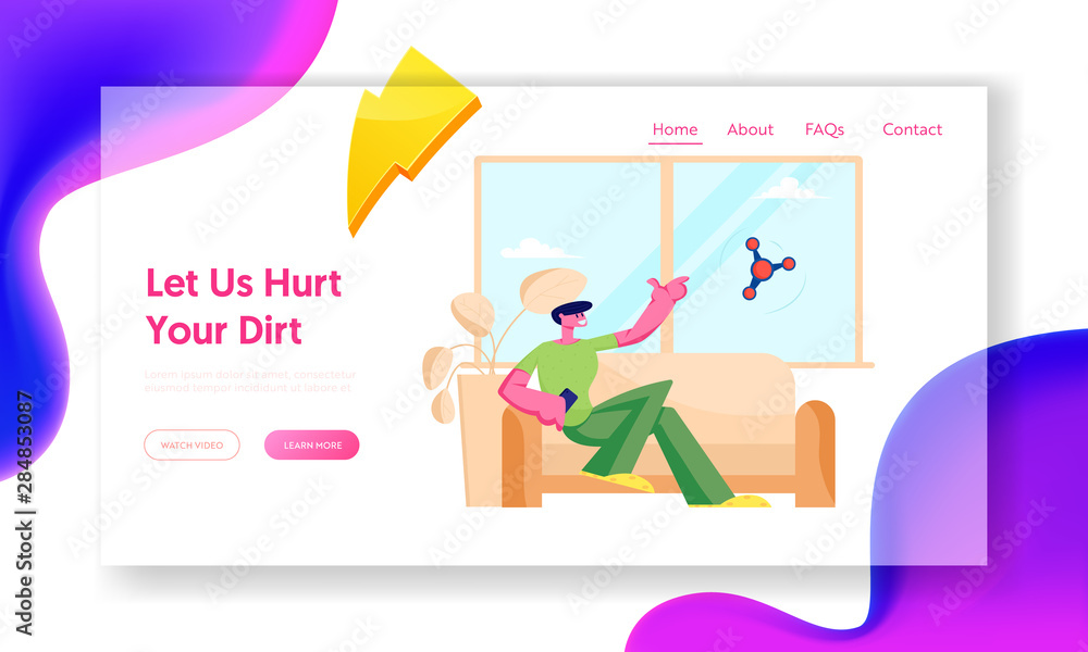 Poster man use robot in household chores website landing page. smart technologies in human life. automated 