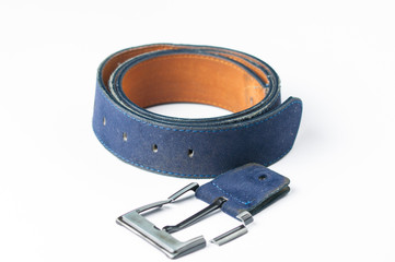 Broken blue pants belt isolated on white background.Copy space