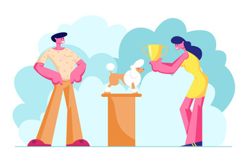Owner Presenting his Purebred Poodle at Exhibition, Dog Winning Prize on Pet Show. Woman Show Host Handle Golden Goblet to Dog Winner Standing on Pedestal, Competition Cartoon Flat Vector Illustration